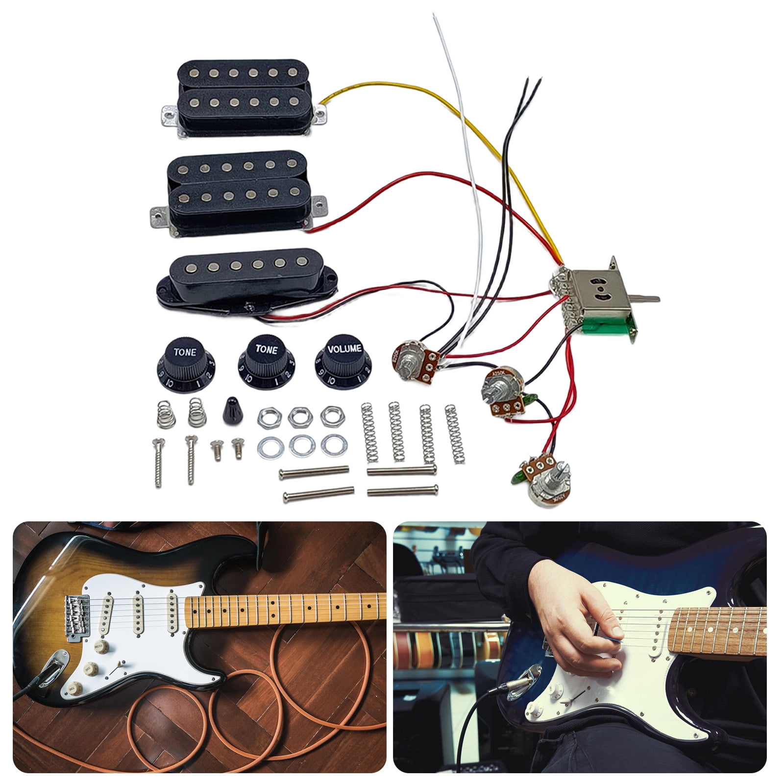 RUISINERY Single Coil Pickups with Prewired Wiring Harness 2 Tone 1 Volumes 5 Way Switches Electric Guitar Replacement Part Set