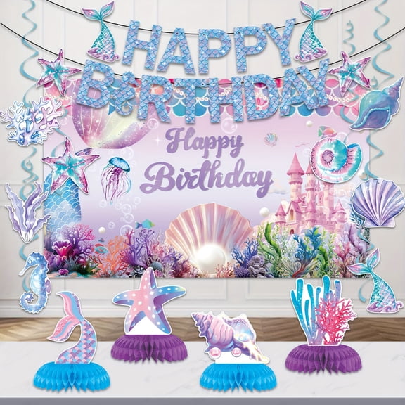 Mermaid Birthday Party Supplies Decorations Kit with Underwater Theme Backdrop, Banner, Honeycomb Centerpieces & Swirls for Girls' Mermaid Party