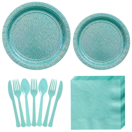 Party City Prismatic Tableware Kit and Party Supply Set for 8 Guests, with Plastic Plates and Cups