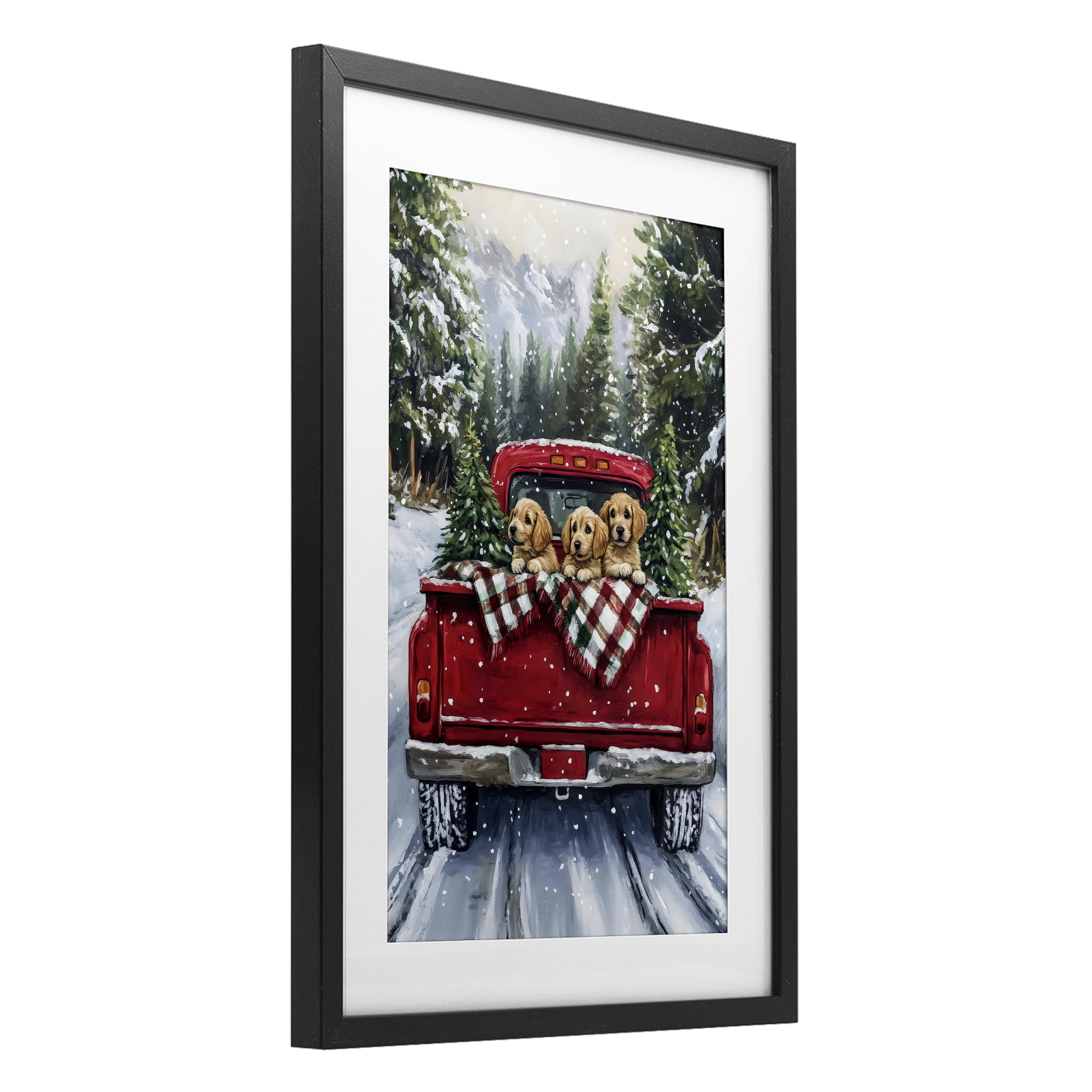 Golden Pups Christmas Truck Black Framed Print Under Glass, design by Petal Prints Design