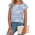 thumbnail image 2 of ASDFVBKG Cap Sleeve Blouses for Women Comfy Crew Neck Blouses Trendy Vintage Floral Prints Relaxed Fit Loose Fit Outfits Blue L, 2 of 5