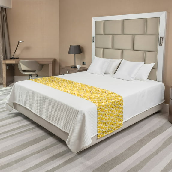 Yellow Bird Bed Runner, Continuous Themed Pattern with Ducks and Polka Dots, Decorative Accent Bedding Scarf for Hotels Homes and Guestrooms, King, Mustard Dark Coral, by Ambesonne