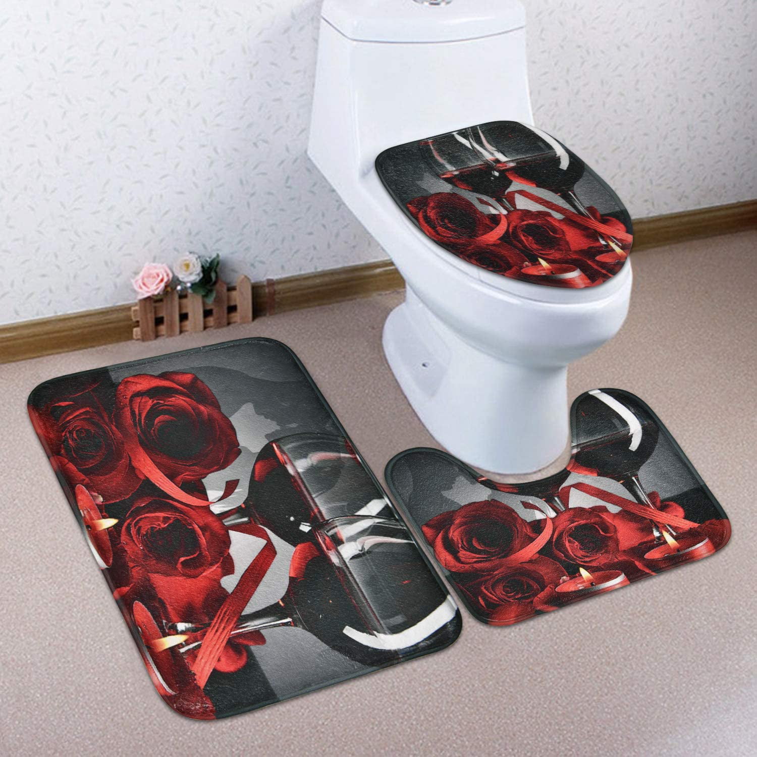 Details about   Bathroom Non-slip 3Pcs Mat Lid Toilet Cover Pedestal Kit Bath Shower Curtain 