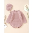thumbnail image 2 of Gureui 2Pcs Toddler Infant Baby Girl Fall Winter Knit Romper Set, Casual Solid Color Long Sleeve Round Neck Romper with Hat, 2 of 9