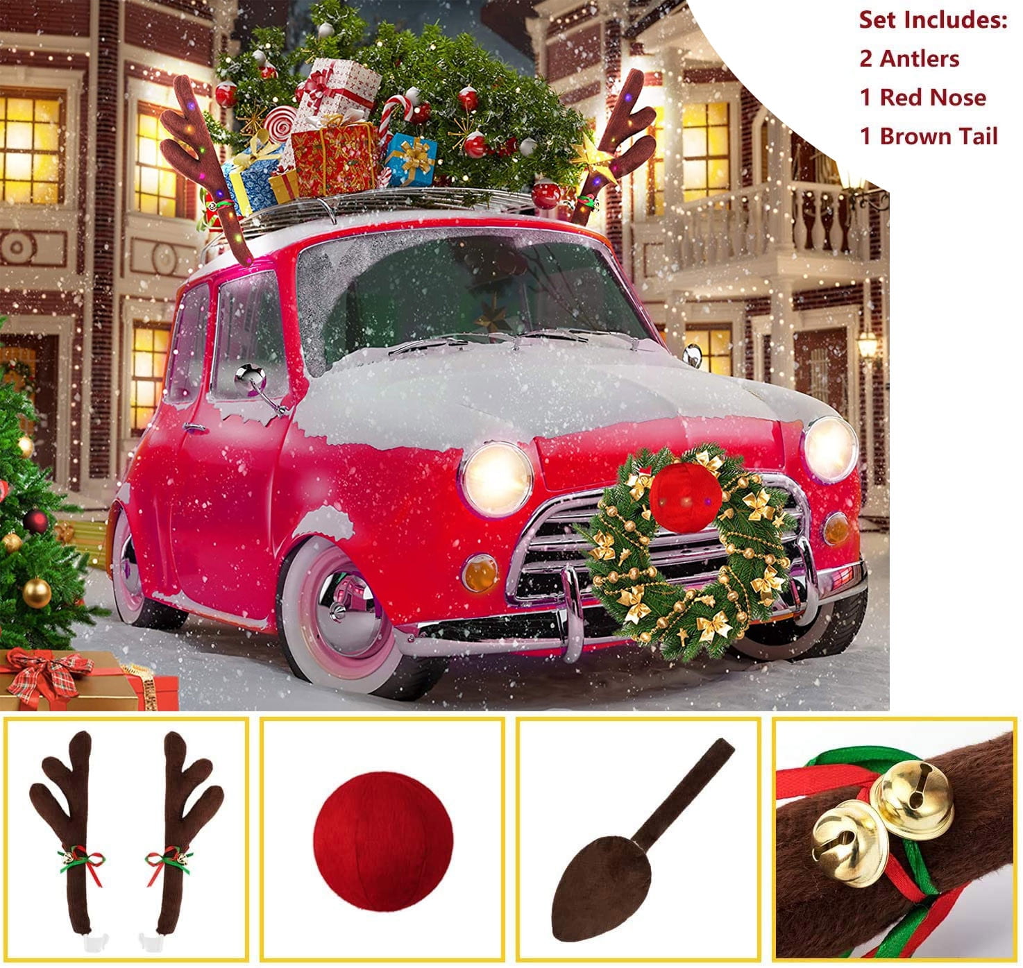 XMAS Rudolph Car Costume Christmas Reindeer Antlers&Red Nose For Truck SUV-Decor 
