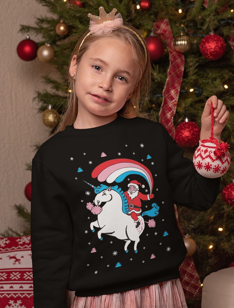 Tstars Girls Ugly Christmas Sweater Santa Riding Unicorn Rainbow