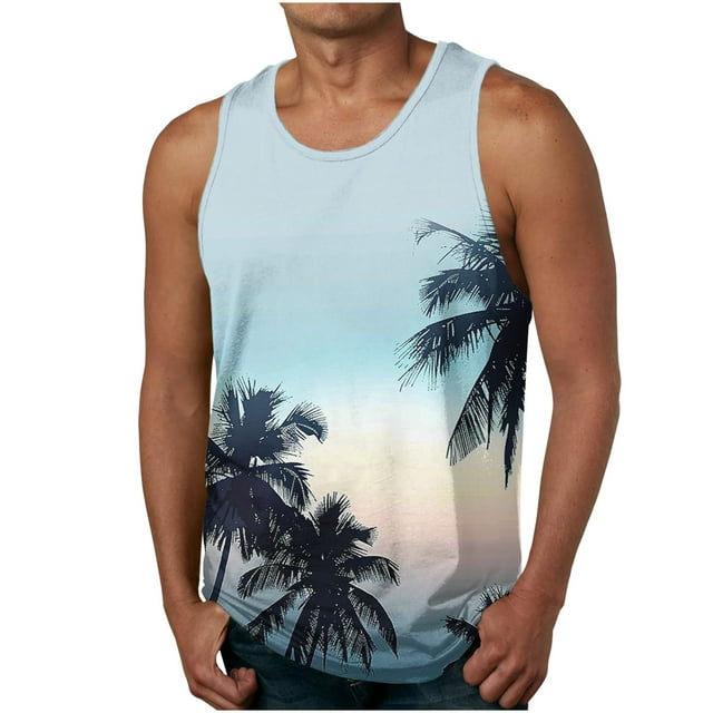 Sleeveless Printed Round-Neck Vest for Men, Polyester Fabric, Lightweight Summer Casual Wear, Breathable Fit, Machine Washable, Size L