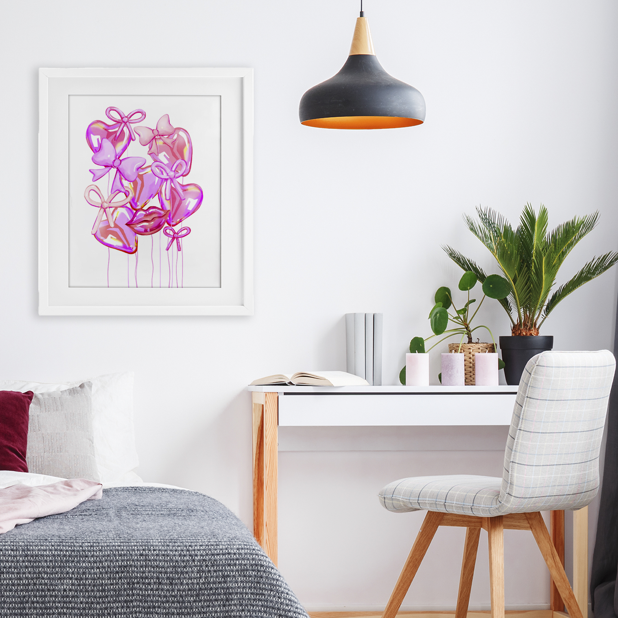 Pink Heart and Bow Balloons White Framed Print Under Glass, design by Ziwei Li