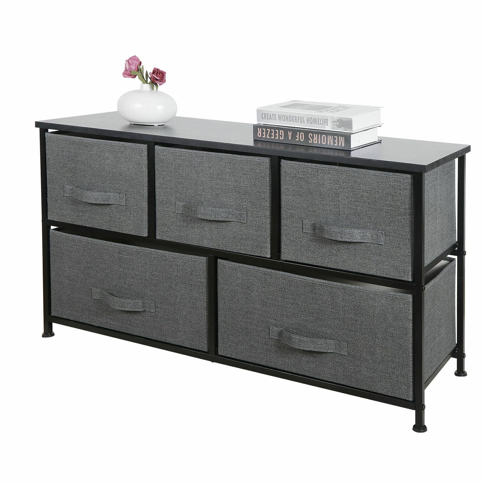 ZENY 5 Drawer Fabric Dresser Chests Wide Storage Tower Organizer Unit for Bedroom Livingroom Closet Hallway, Dark Grey