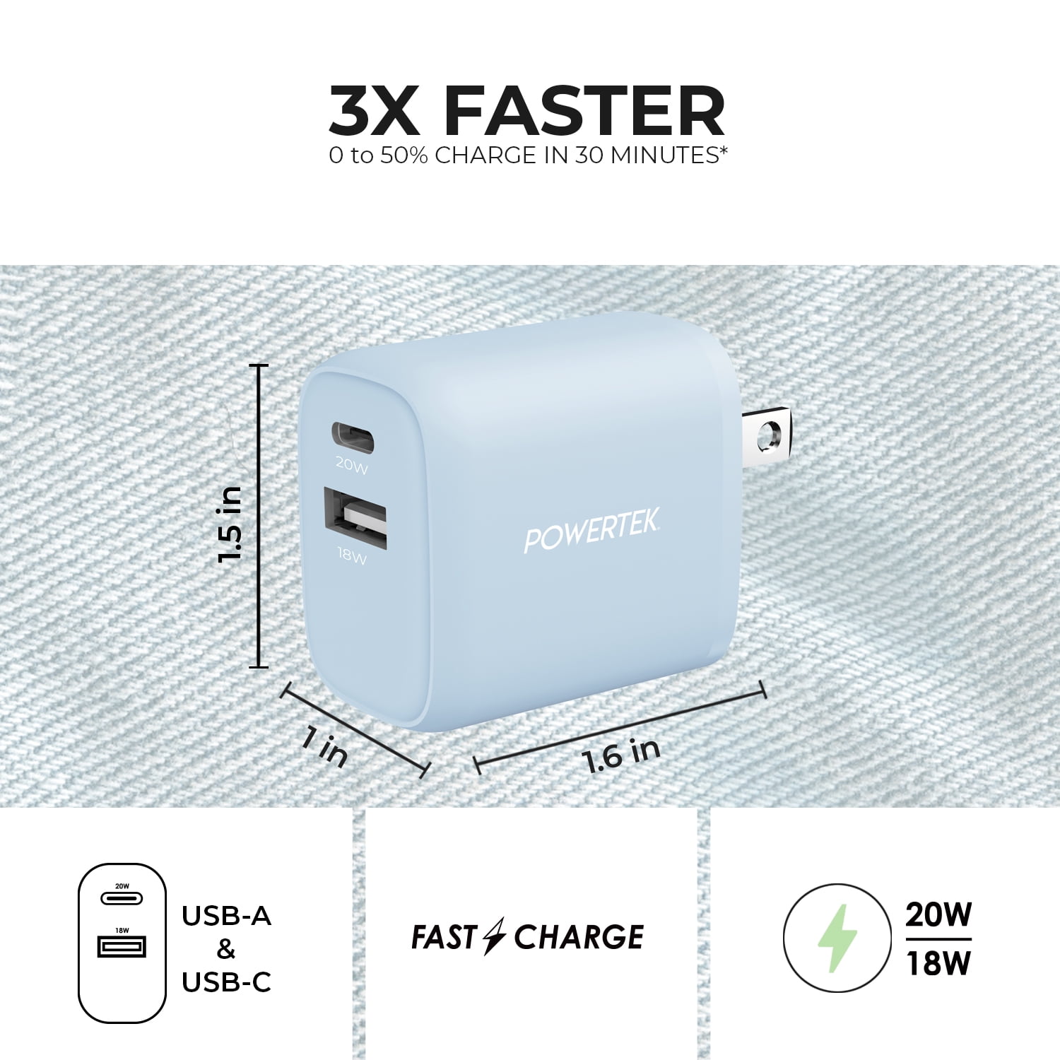 Denim Dual USB-A / USB-C Wall Charger - Light Blue
