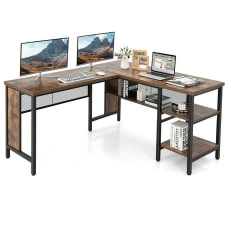 UPC: 6554710374844 | Costway Industrial L-Shaped Corner Computer Desk Office Workstation w/ Storage Shelves Brown