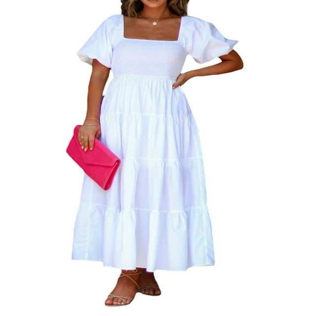 Robe Longue Élégante pour Femmes à Manches Courtes et Encolure Carrée