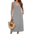 thumbnail image 3 of CHGBMOK Women Tank Dresses V Neck Sleeveless A-line Dress Solid Linen Loose Casual Maxi Dress with Pockets, 3 of 8