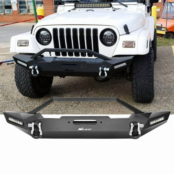 Front Bumper Compatible with 1987-2006 Jeep Wrangler TJ YJ with Winch Plate D-Ring and 2 LED Lights Black Rock Crawler Heavy Duty