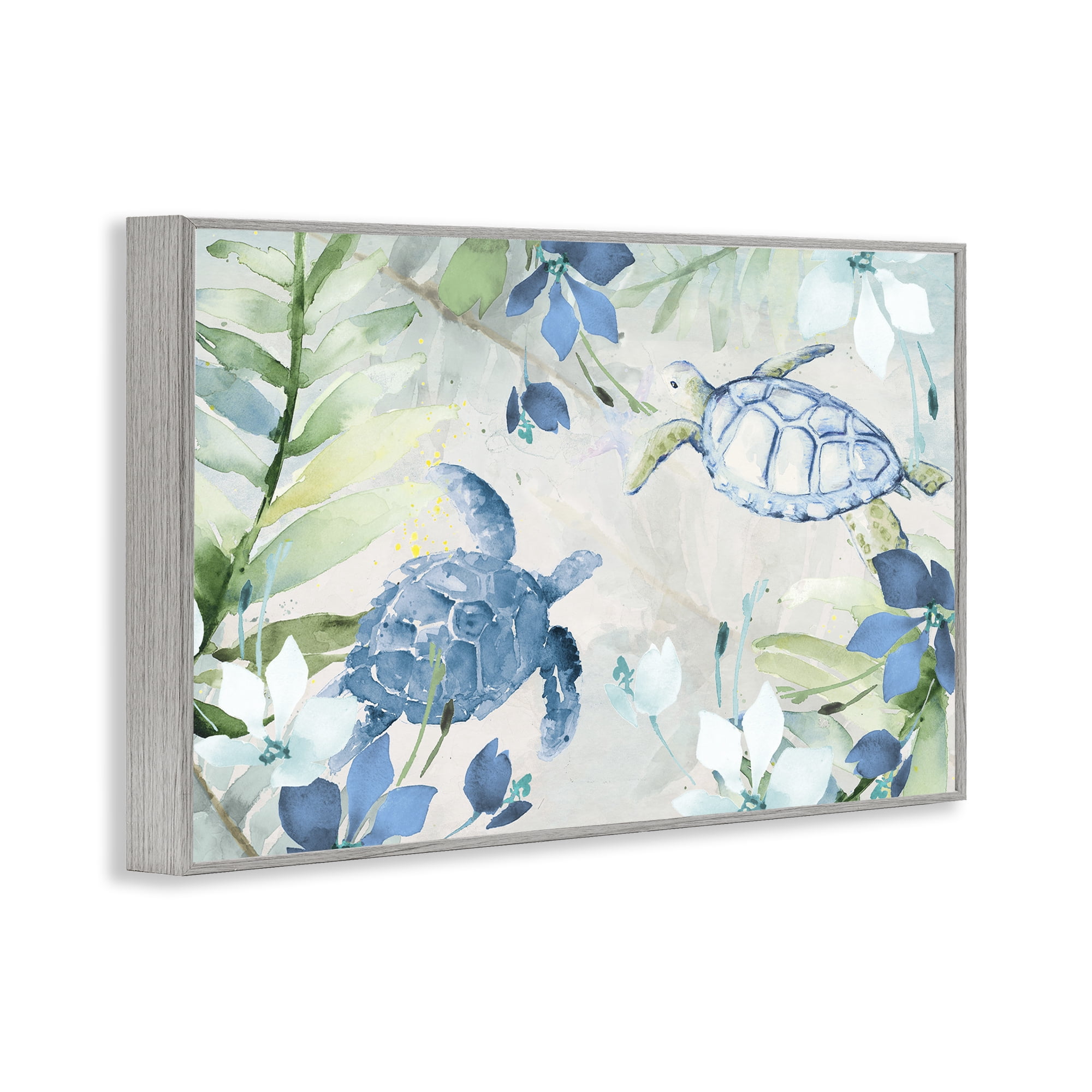 Stupell Industries Turtles Among Flowers Coastal Painting Gray Framed Art Print Wall Art, 18 x 12