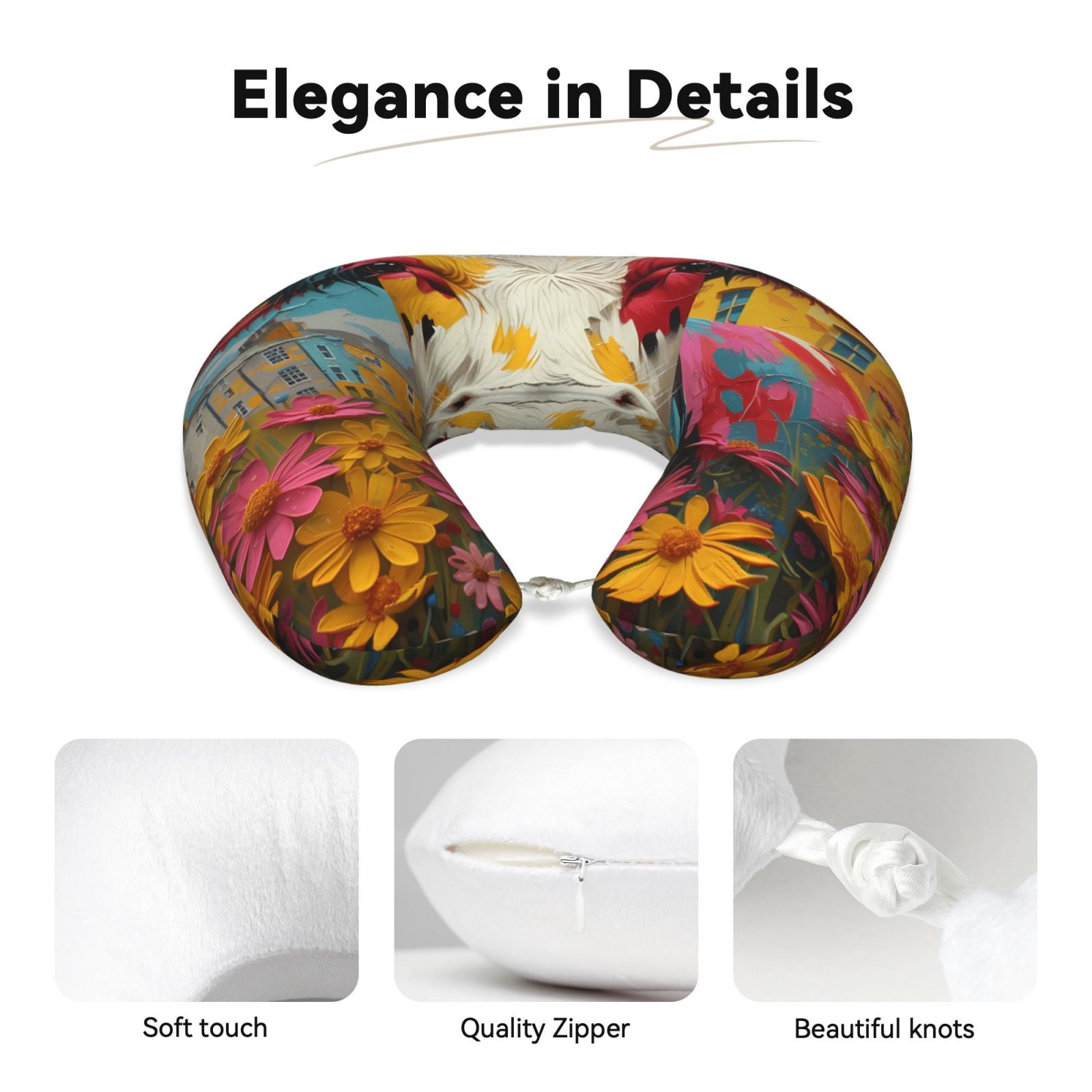 Xecao Yellow Daisy Cow Print Memory Foam Cervical Neck Pillow Versatile U-Shaped Pillows for Home,Office,Camping,Travelling,Soft Washable Cover
