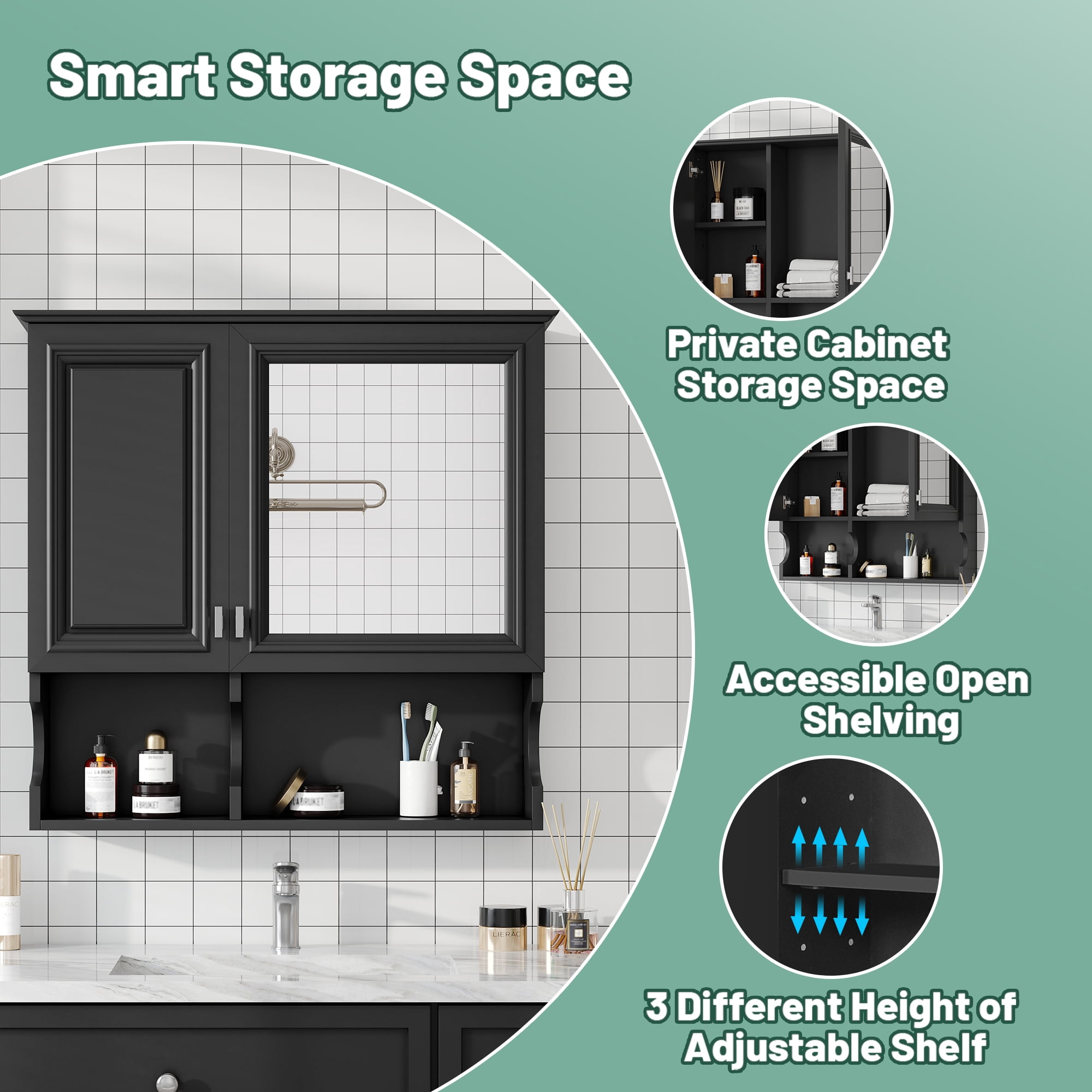 Euroco 30 Inch Mirror Medicine Cabinet with Open Shelves, Wall Mounted Home Storage with Doors & Mirror, Adjustable Shelf, Bathroom Storage Cabinet over Toilet