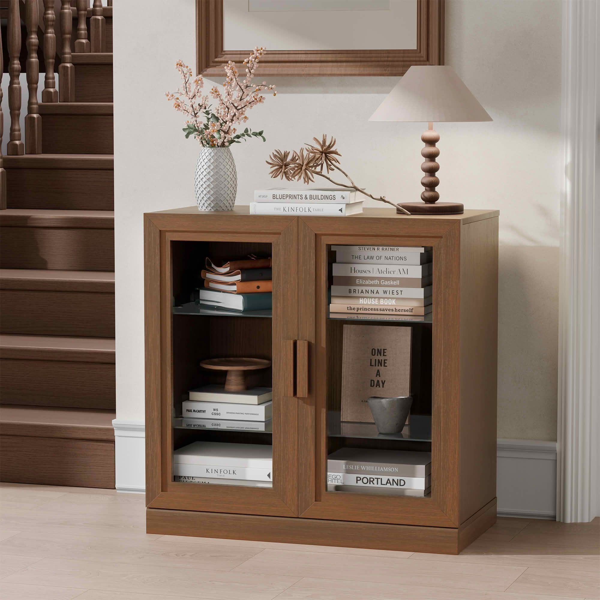 MAYEERTY 31x31x16 Inch Light Walnut Wood Grain Storage Cabinet with Glass Door for Living Room