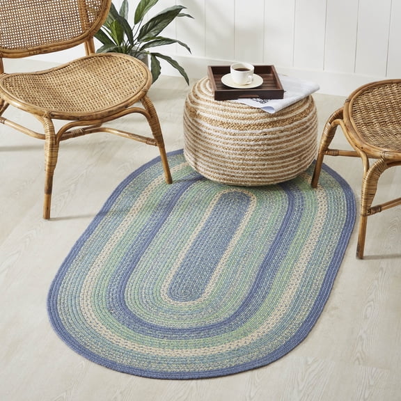 VHC Brands Jolie Farmhouse 36"x60" Area Rug Blue Textured Jute Striped Pad Oval Floor Decor