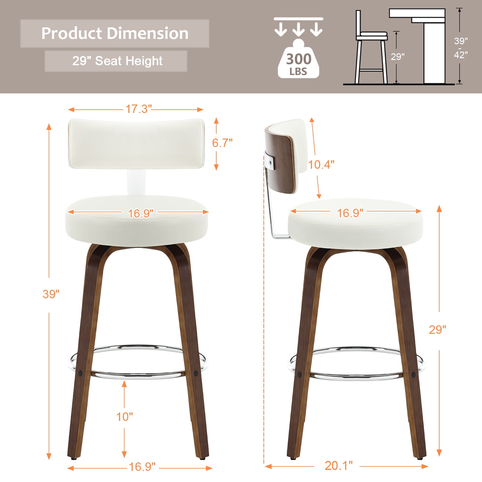 ANMINY Bar Stools Set of 2 360° Swivel with Back and Round Seat PU Leather Barstools 29" Bar Height Upholstered Bar Chairs Island Stools for Kitchen Counter