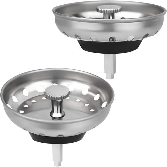 ACDANC 2 Pack - Kitchen Sink Strainer and Stopper Kit Basket - Replacement for Standard 3-1/2 Inch Kitchen Sink Drain - Stainless Steel Basket with Knob - Rubber Sink Stopper Bottom