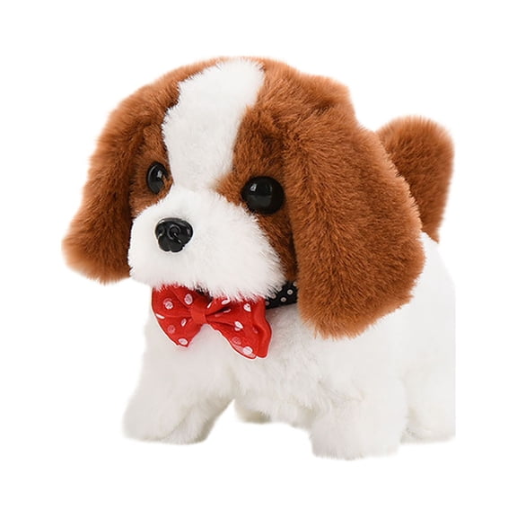 Brown Electric Walking Barking Plush Dog Toy, Simulation Pet For Kids, Interactive Companion Bow Accent