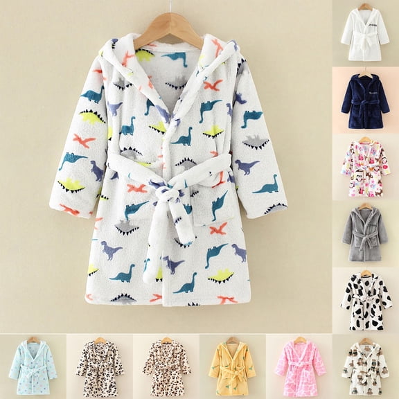 Boys Girls Robes Kids Hooded Sleepwear Cute Pattern Flannel Hoodie Pajamas Soft Fleece Bathrobes Housecoat Gowns