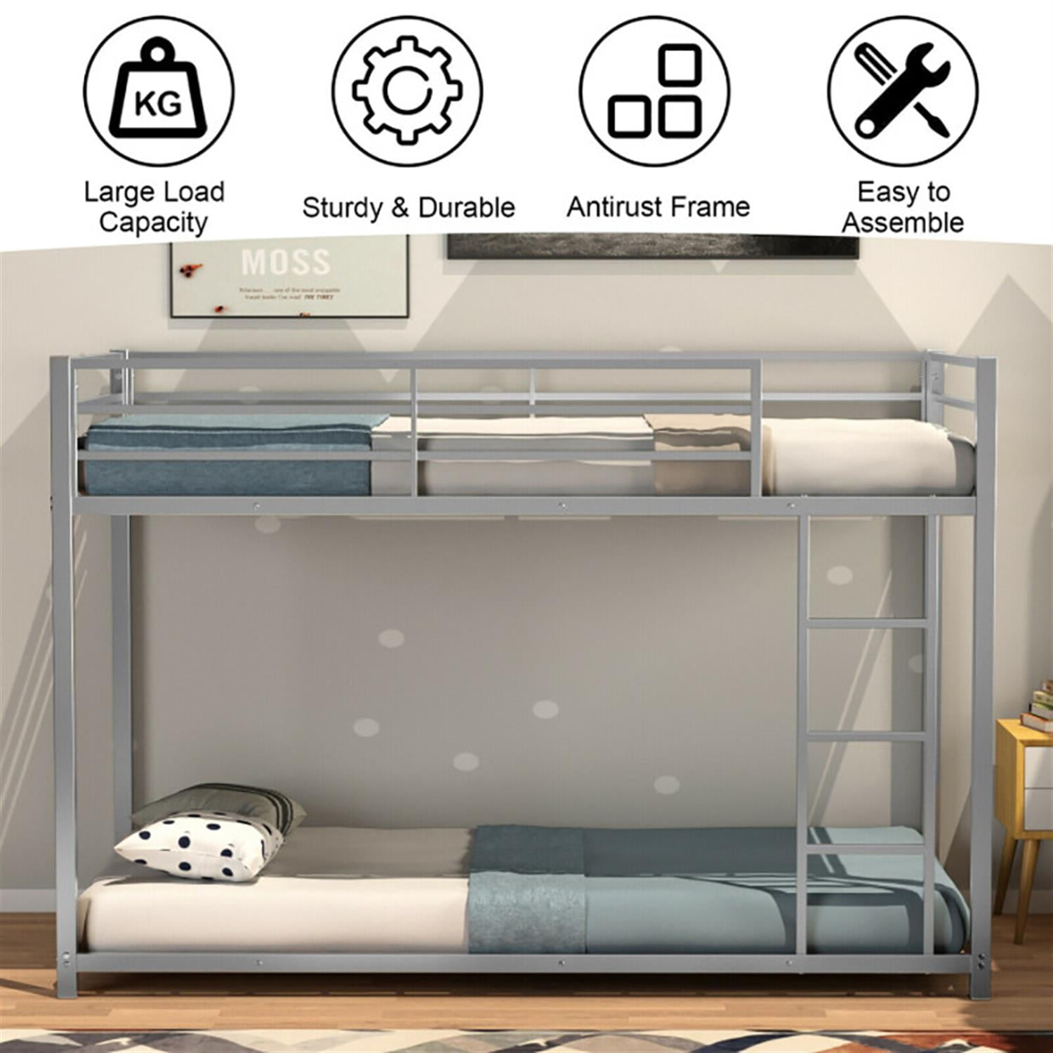Demi Bonn Twin Over Twin Bunk Bed with Safety Guard Rails and Side Ladder, Twin Bunk Beds, Sturdy Metal Bed Frame No Box Spring Needed, Silver