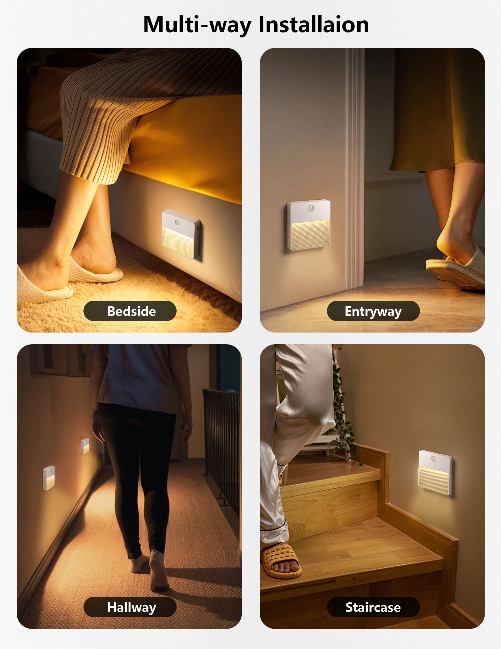 Motion Sensor Night Light Indoor, Rechargeable LED Night Light with 7 Colors & Stepless Dimming, Motion Activated Battery Operated Stair Lights Indoor for Bedroom, Hallway, Kitchen, Bathroom, 2 pack