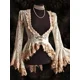thumbnail image 2 of Camisa elegante de mujer con encaje y parches huecos, sexy, escote en V profundo, manga trompeta, volante irregular, camisa ajustada para fiesta de noche para mujer, 2 of 4