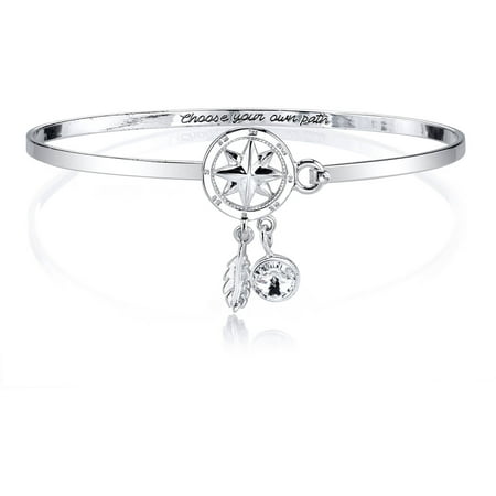 Disney 6mm Clear Crystal Silver-Tone "Choose your own path" Pocahontas Bangle Bracelet, 8"