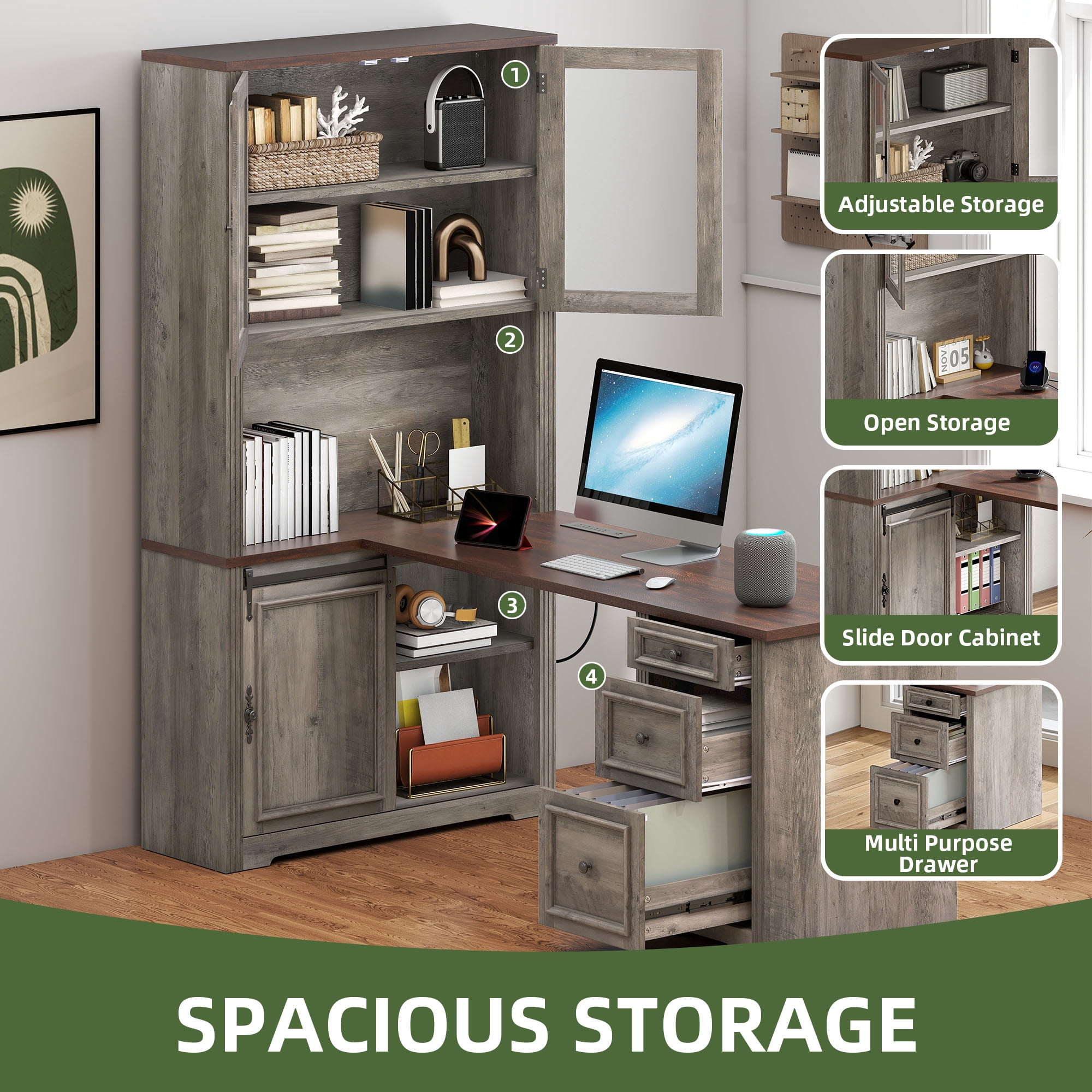 Uforic Executive Desk with Hutch, L Shape Computer Desk, Wood Office Desk with Storage Cabinet, Gray