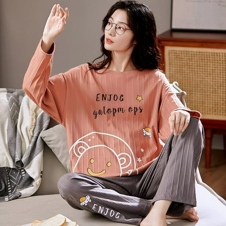 

QWZNDZGR Spring Autumn New Women s Pajamas Sets Long sleeved Cartoon Casual Pajamas Knitted Cotton Home Sleepwear Loungewear Set M-XXXL