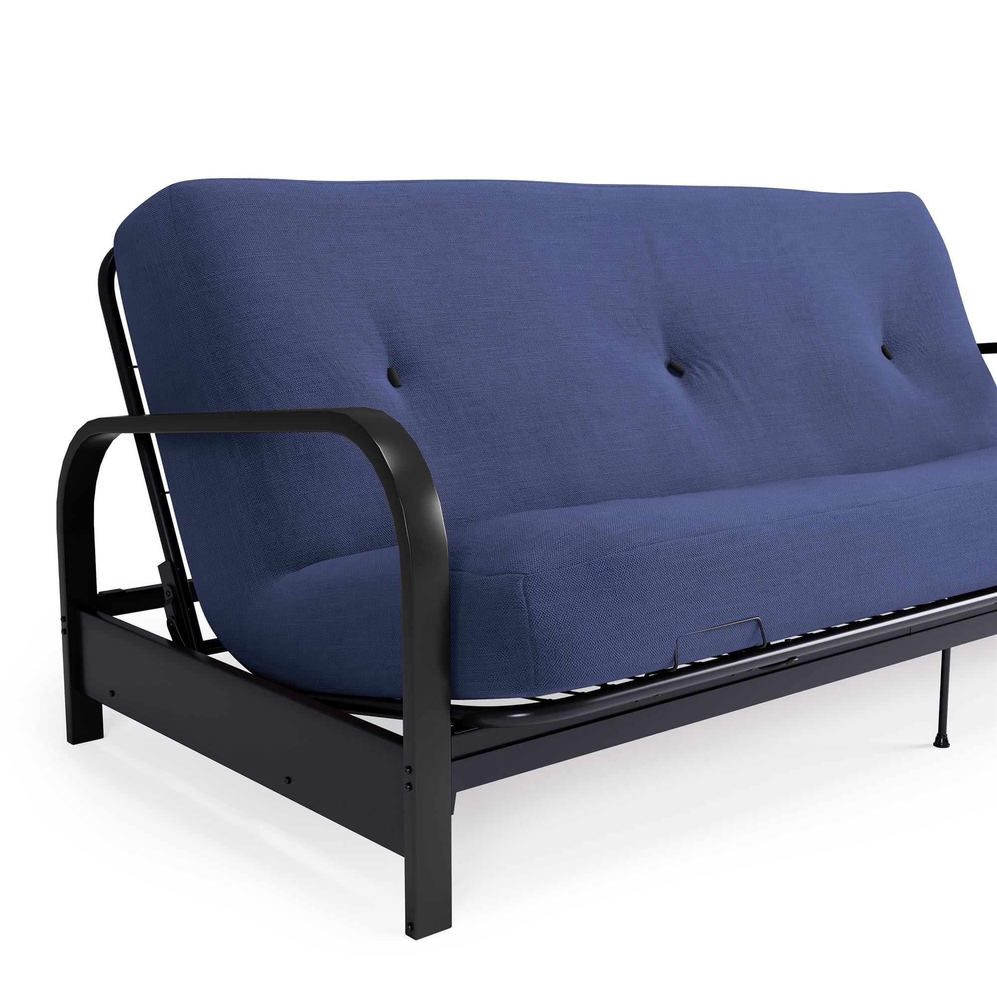 DHP Cleo Black Metal Arm Full Size Futon Frame with 6” Blue Mattress
