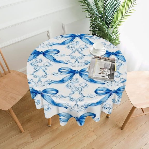 RKSupls 60 Inch Round Tablecloth, Blue Ribbon Bow Premium Polyester Straight Edge Wrinkle Resistant Washable Table Cover for Party Home Dining Decor