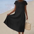 thumbnail image 4 of XUNKUSGA Maxi Dresses for Women Fashion Hollow Out Crewneck Short Sleeve Women's Dresses Loose Soft Cotton Linen Wedding Guest Dress with Pockets,Black,L, 4 of 6