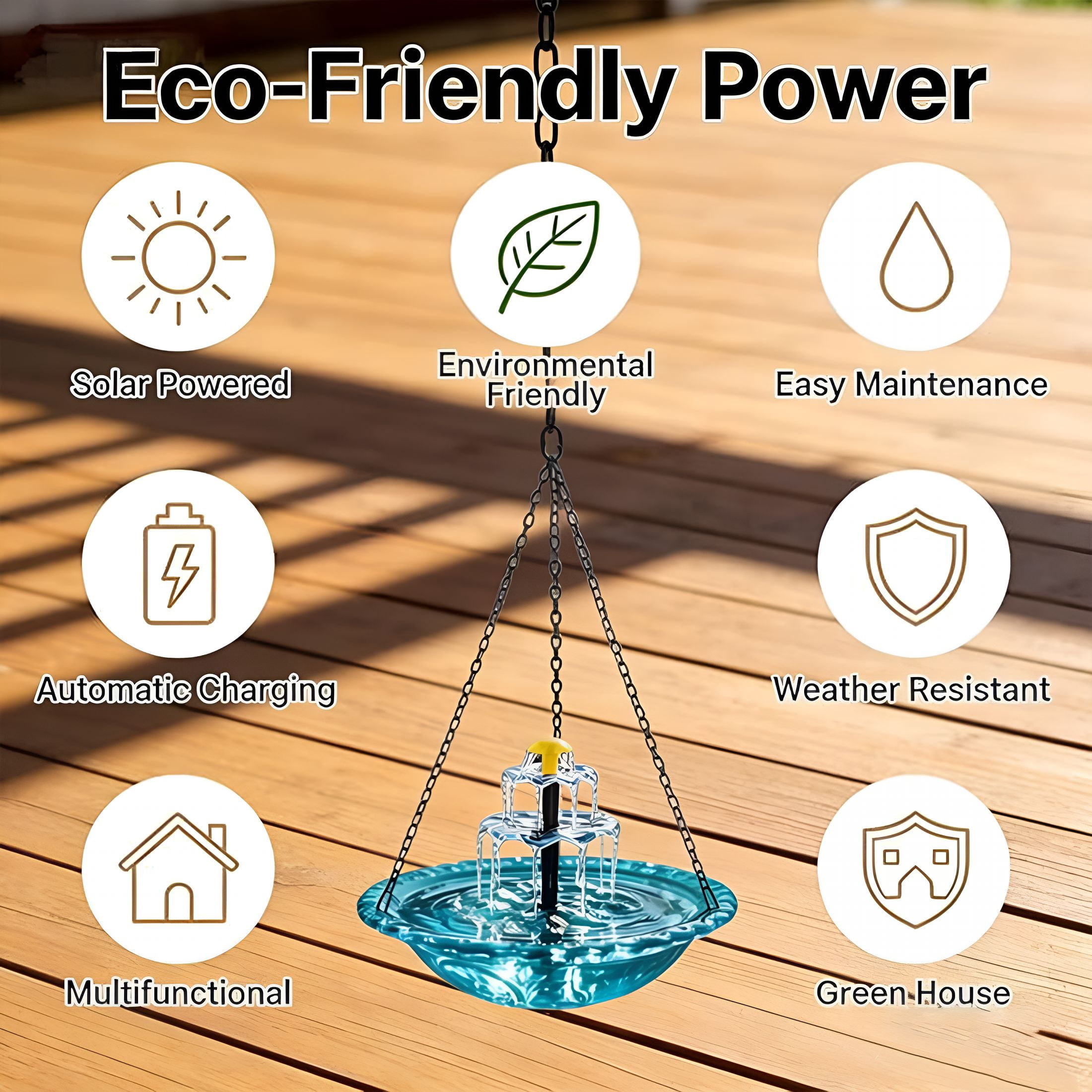 HIBIBUD Hanging Solar Bird Bath Fountain, Blue Wireless Cascading Water Feature – Solar Powered for Garden, Patio, Hummingbirds