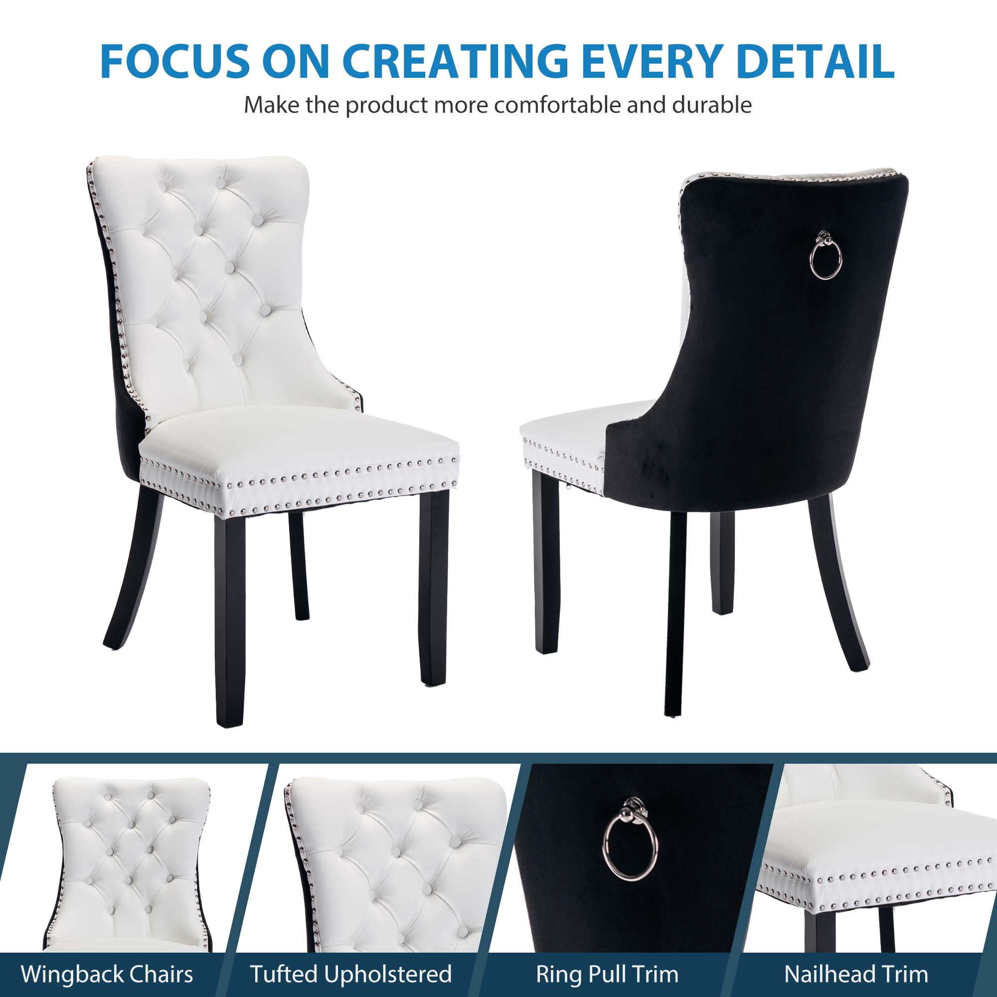 Aukfa High-End Upholstered Dining Chairs Set of 2, Modern Tufted Solid Wood Side Chair with Nailhead Trim - White/Black