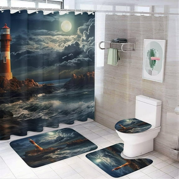 4 Pieces Nature Coastal Lighthouse Shower Curtain Set Palm Tree Moon Seascape Modern Picture on Non-Slip Rugs Toilet Lid Cover Bath Mat and Bathroom Curtain with 12 Hooks,72x72 Inch