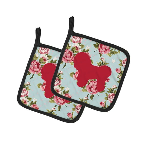 Caroline's Treasures BB1107-RS-BU-PTHD Bichon Frise Shabby Chic Blue Roses Pair of Pot Holders , 7.5HX7.5W, multicolor