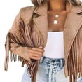 thumbnail image 3 of Women‘s Faux Suede Leather Fringe Jacket Motorcycle Moto Biker Short Open Front Tassel Cropped Coat, 3 of 8