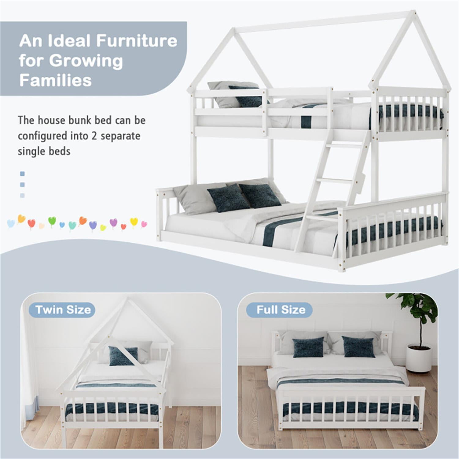 Demi Bonn Twin Over Full Bunk Bed with Ladder and Guardrails, House Twin Bunk Beds, Bed Frame, White
