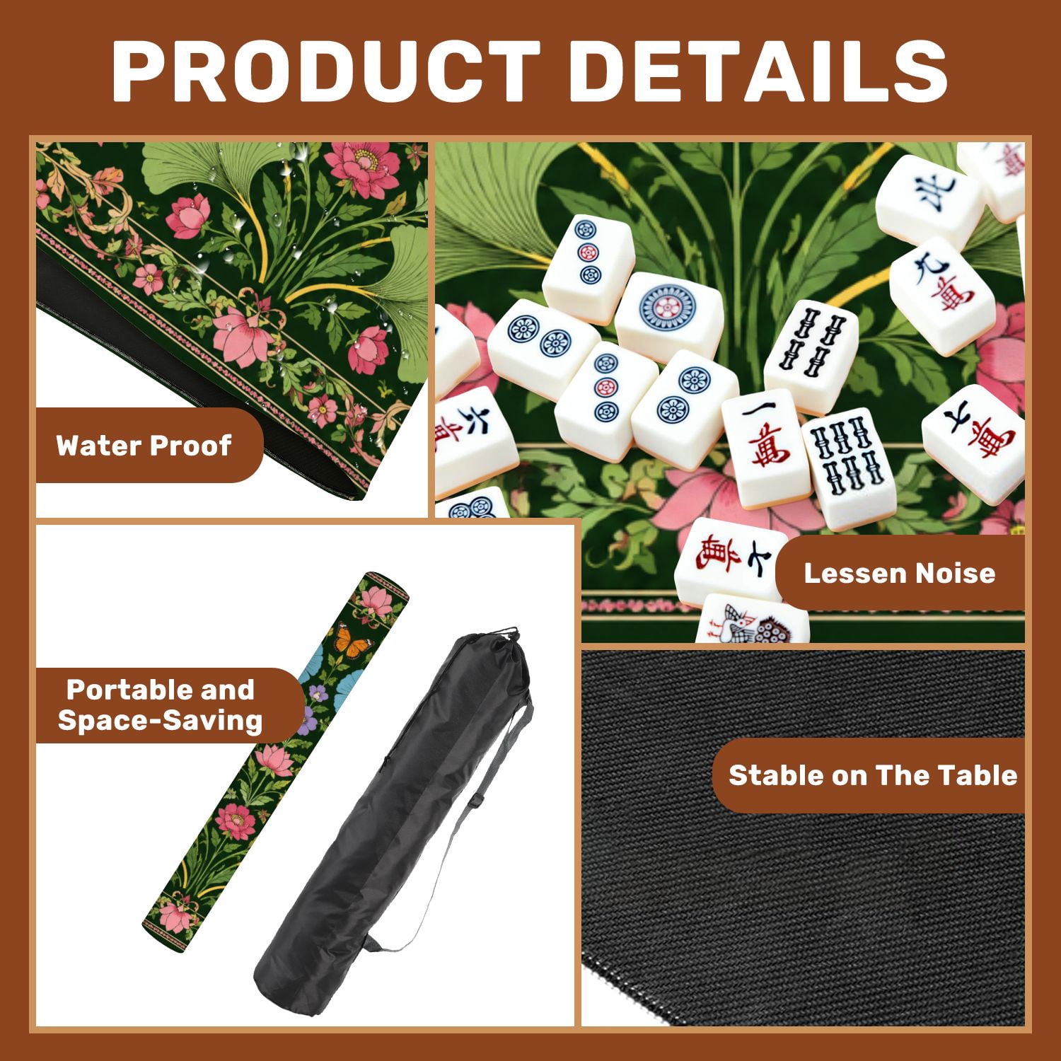 Mahjong Mat 31.5" x 31.5" Botanical Vibrant Green Leaves Flowers Butterflies Non-Slip Noise Reduction Mahjong Tiles Table Cover for Dominoes Poker Card Board and Tile Games
