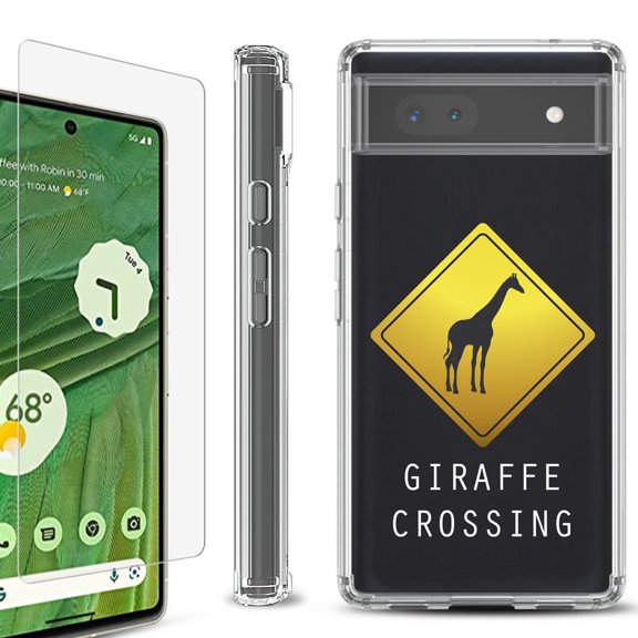 Shockproof Bumper Phone Case for Google Pixel 6a, with Tempered Glass Screen Protector, by OneToughShield ® - Road Sign Giraffe