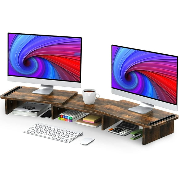 Zimilar Dual Monitor Stand Riser, Monitor Stand with Adjustable Length and Angle, Wood Monitor stand for desk, Monitor Riser for 2 monitors with Storage Space (Rust Brown Large)