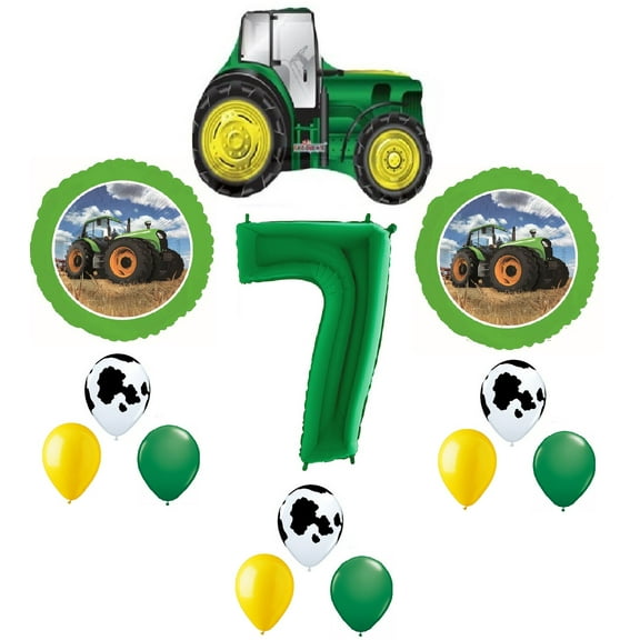 Farm Tractor 13 Piece #7 7th Green Yellow Happy Birthday Balloon Bouquet Party Decoration