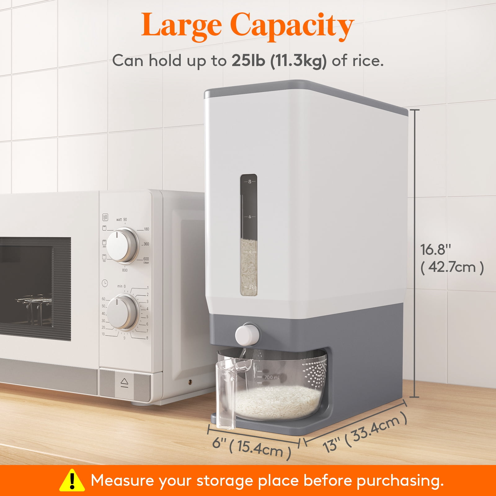 Lifewit Rice Dispenser 25 lbs, Rice Storage Container Moisture Proof with Measuring Cup, BPA-Free, Gray