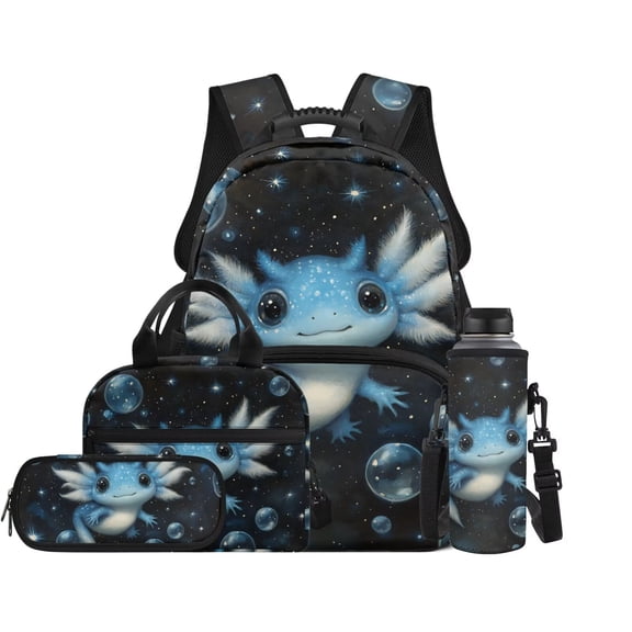 Bulopur Axolotl 4-Piece Kids Backpack Set for Girls 17 Inch Lightweight School Backpack with Lunch Bag, Pencil Case & Water Bottle Cover, Casual Daypack for 9-12 Years Old