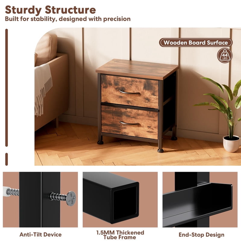 Simple Deluxe Nightstand 2 Drawers Dresser for Bedroom, 3-Tier Bedside Table with Fabric Bins, Night Stand Set 2, End Table for Living Room, wood top Load-bearing up to 44 lb