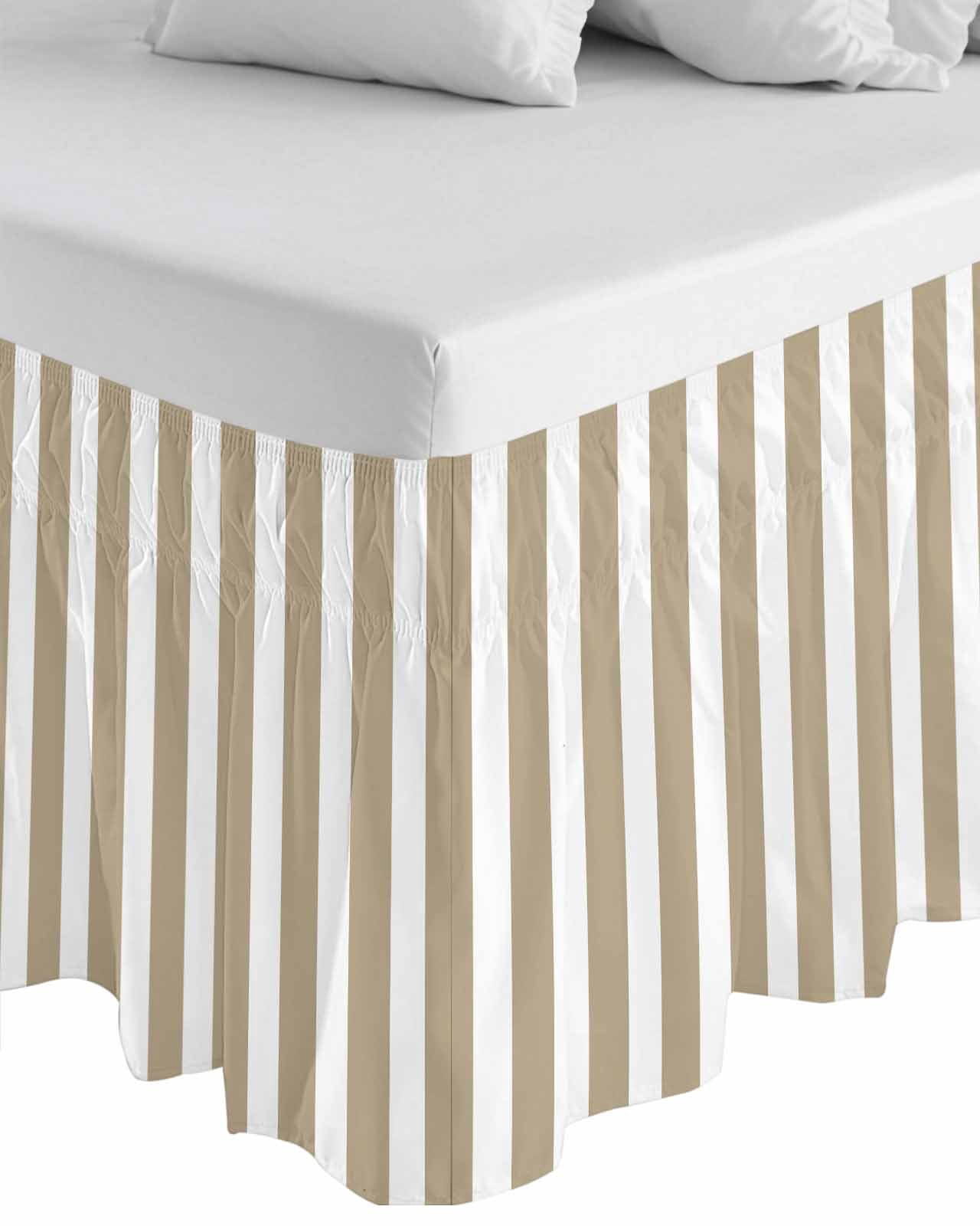 Beige Striped Bed Skirt Queen Size, Modern Farmhouse Beige White Stripes Wrap Around Bed Skirting with Adjustable Elastic Strap, Dust Ruffle Pleated Bedskirts 18 Inch Drop for Bedroom Queen Beds